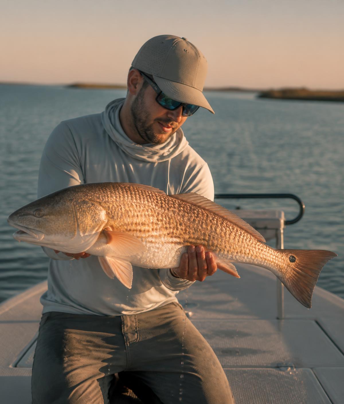 Angler holding a redfish on coastal water at sunset